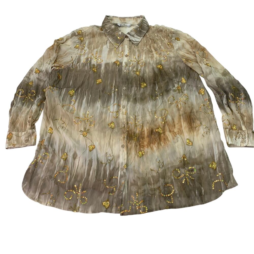 Peter Nygard Woman Sz 18 Gold Holographic Sparkle Semi Sheer Long Sleeve Blouse